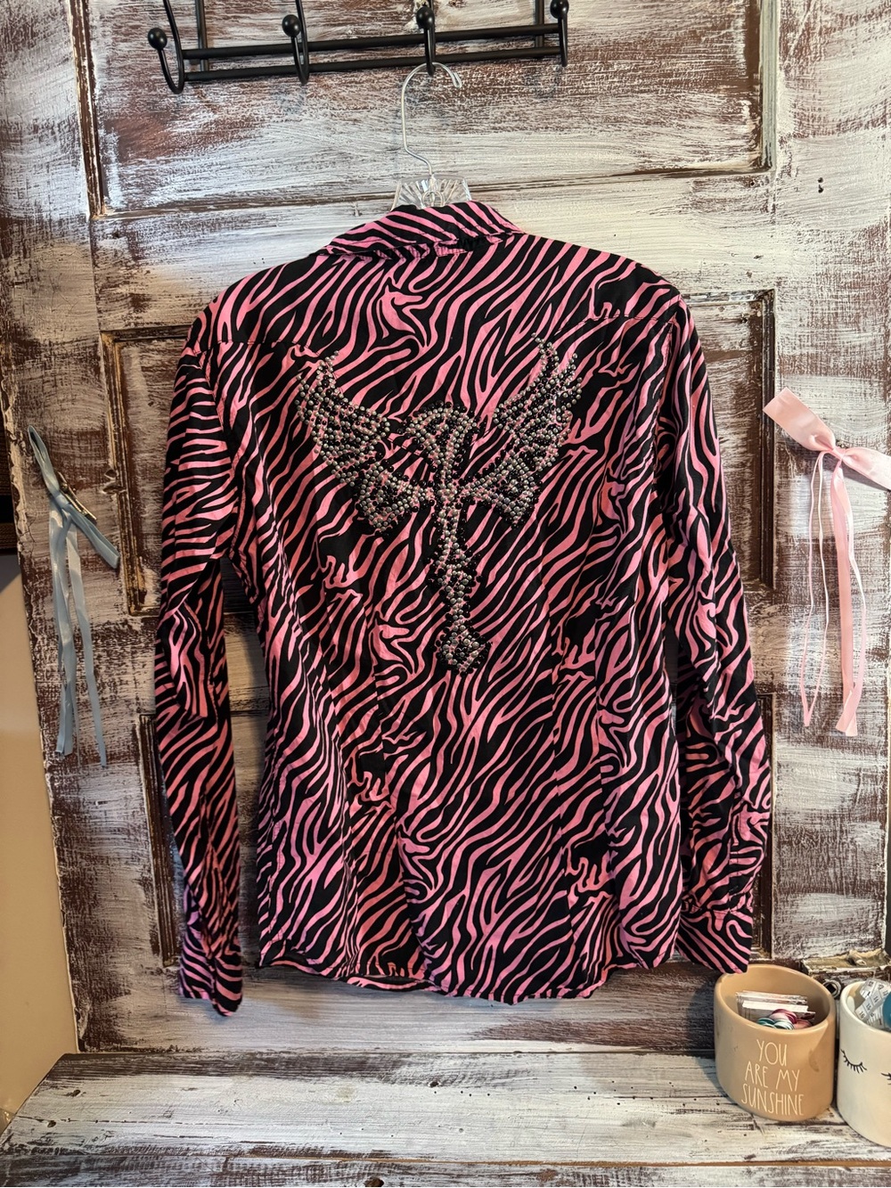 Women's Pink and Black Zebra Print Button-Down Shirt with Bedazzled Cross